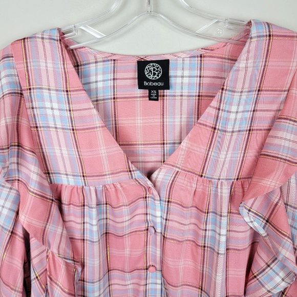Bobeau Pink Blue Ruffle Button Down Long Sleeves Plaid Babydoll Shirt Size XS - Picture 4 of 12